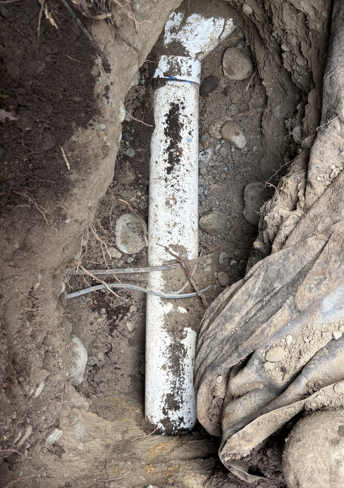 The old section of white sewer pipe exposed in a hand-dug hole beside a dirty tarp, with rounded river stones in the soil around it