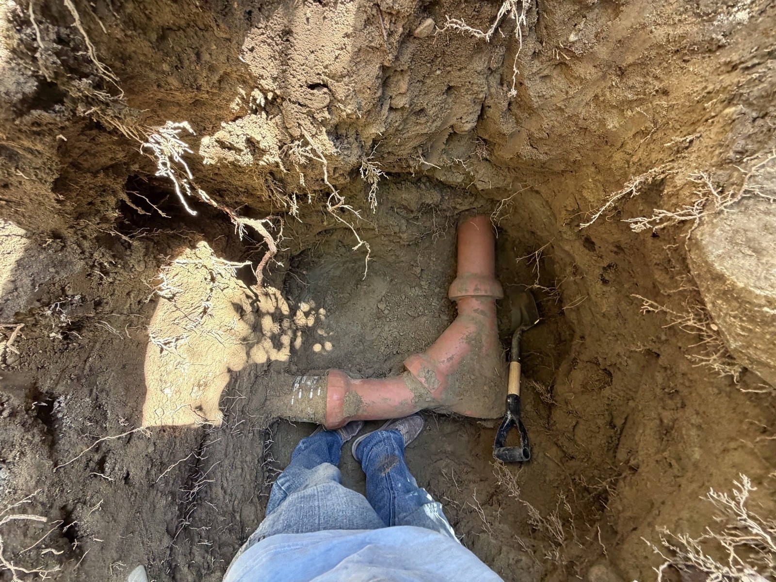 Hand-dug excavation beside an Edmonds house exposing an old orange clay sewer fitting with a shovel in the hole