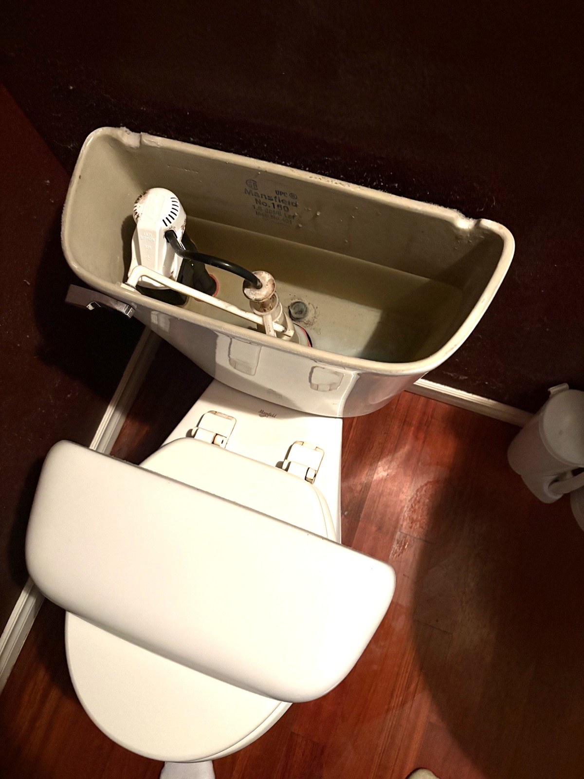 Inside the tank of an old white Mansfield toilet with the lid off, showing a worn fill valve, flapper and chain above a few inches of water